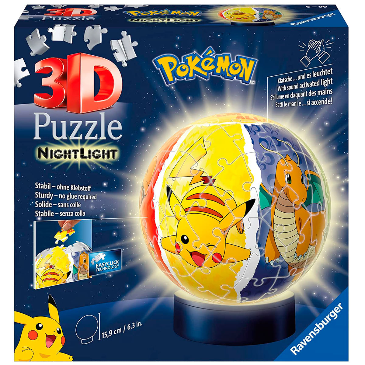 Światło nocne 3D puzzle Pokemon. Pikachu i Dragonite na globusie układanki. Tekst zawiera '3D Puzzle Night Light' i 'Ravensburger'.