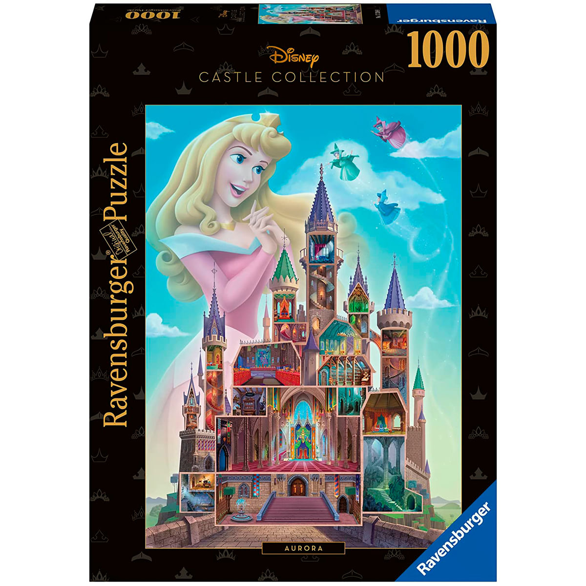 Scatola del puzzle. Sono presenti la principessa Aurora e il suo castello. Le fate volano nel cielo. Il castello ha un interno dettagliato.