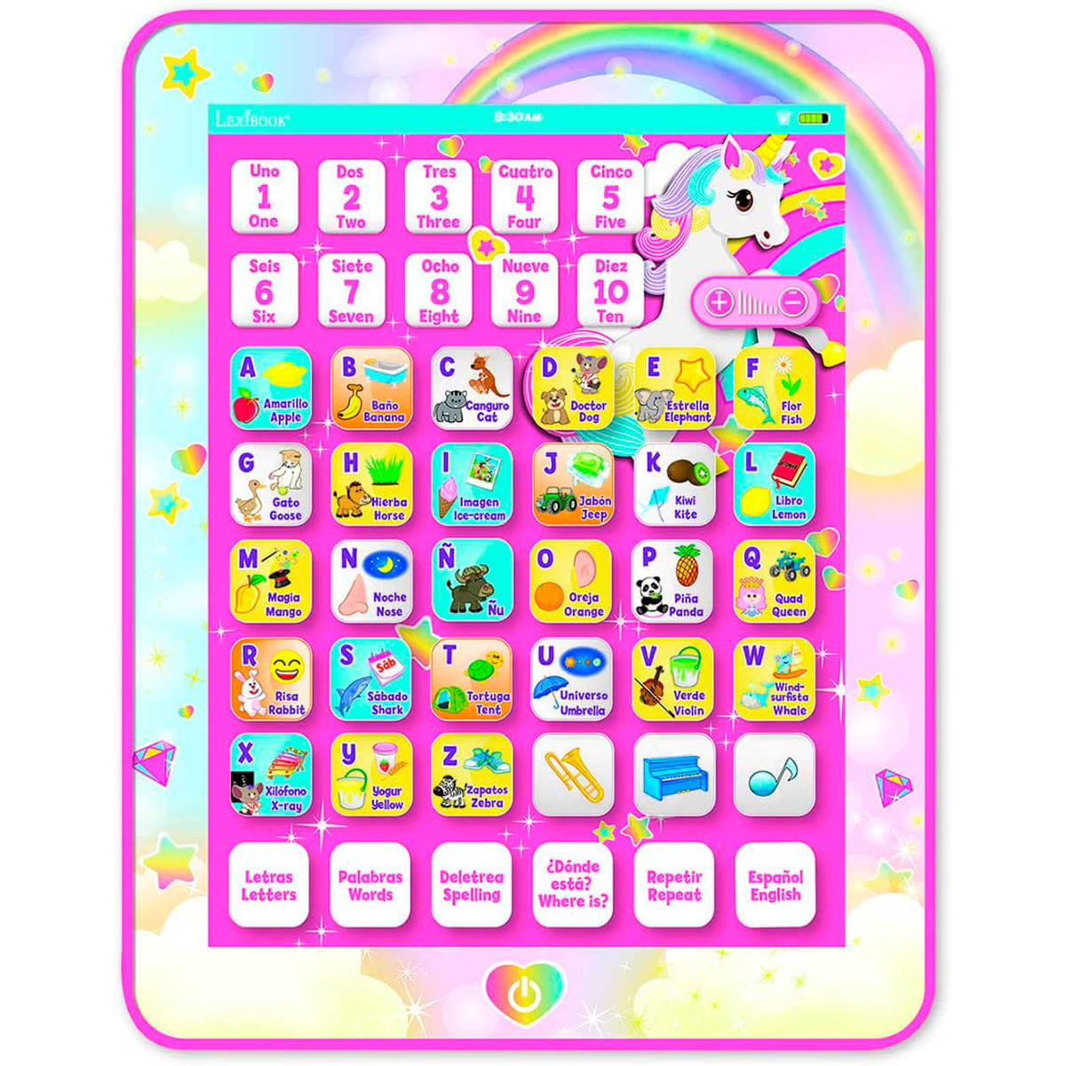 Tableta rosa con números, letras y un unicornio. Arcoíris en el fondo.