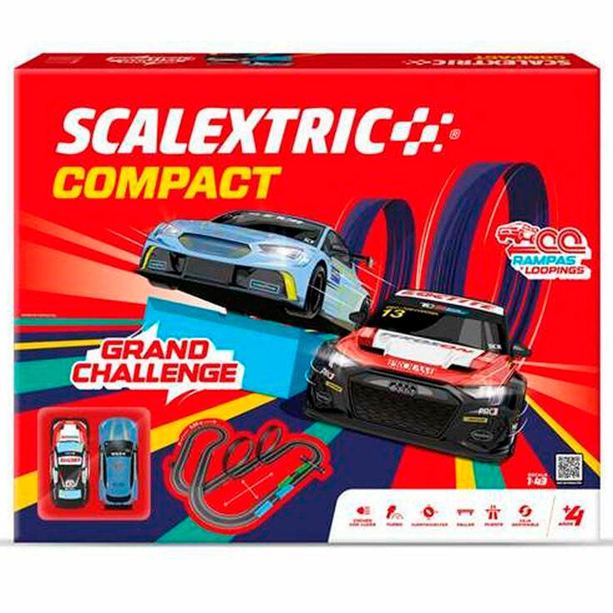 Set de caja de Scalextric Compact. Muestra dos coches de juguete, uno azul y otro rojo, corriendo en una pista con bucles. La caja es roja.