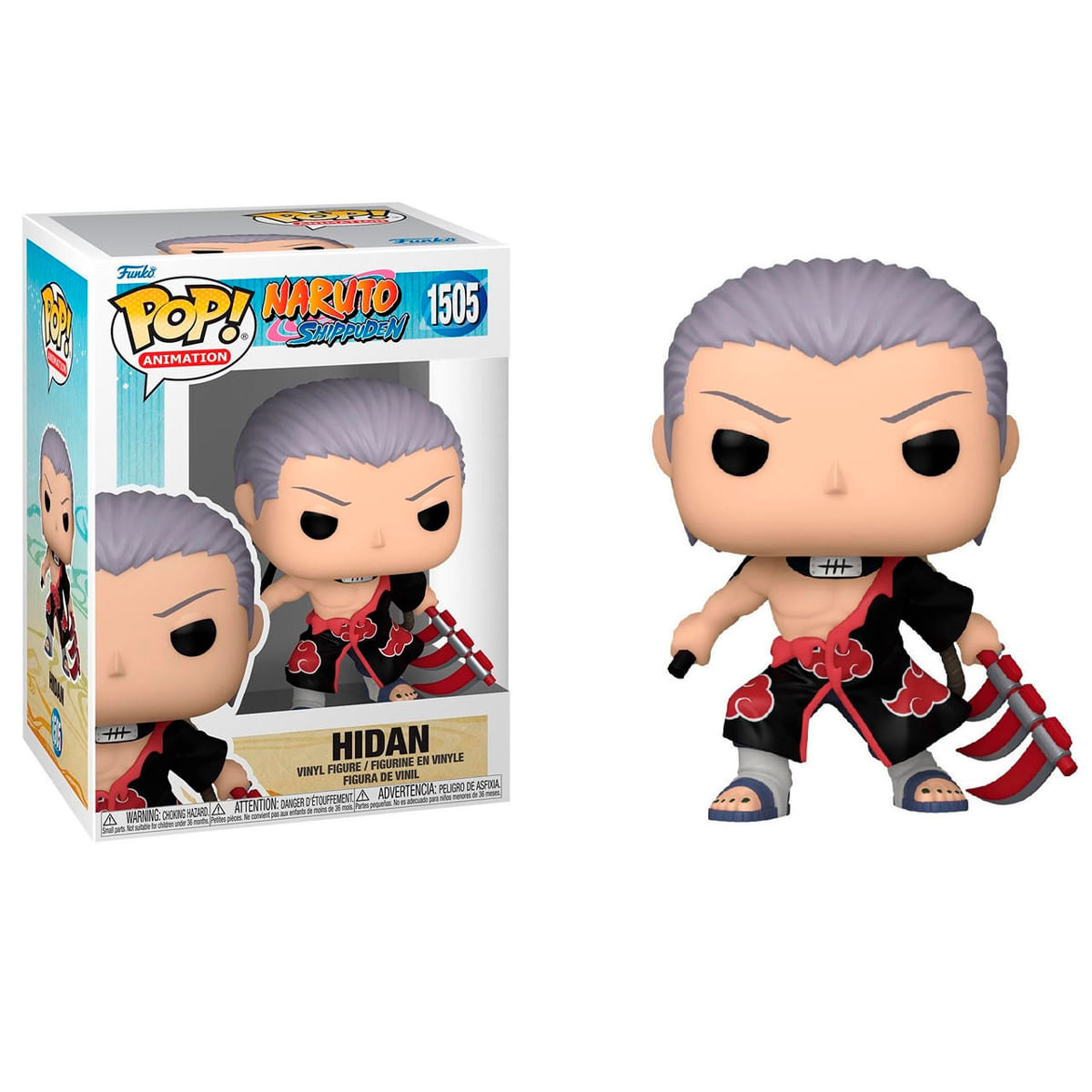 Una figura Funko Pop di Hidan con un abito rosso e nero, che tiene una falce. La scatola mostra la figura e il logo di Naruto Shippuden.