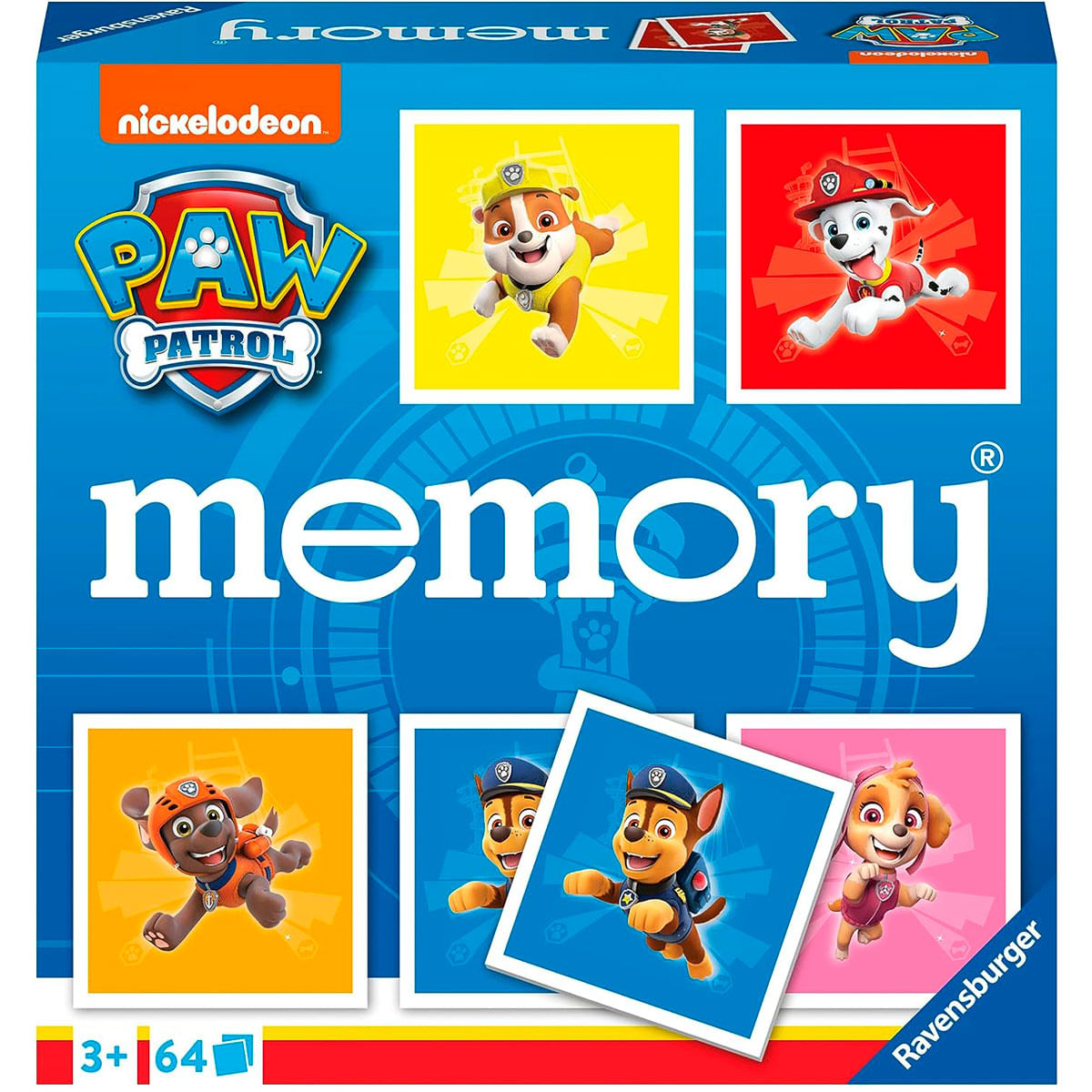 Pudełko gry Paw Patrol Memory. Zawiera kreskówkowe psy na kartach, logo Nickelodeon i słowo 'memory'.
