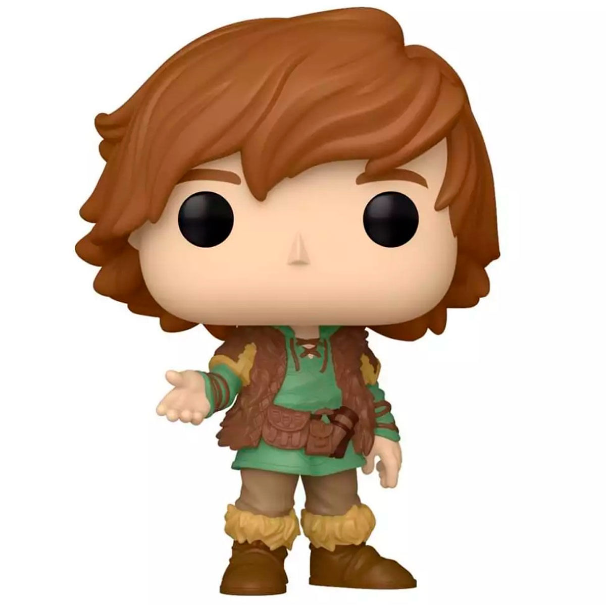 Funko Pop di Hiccup di Dragon Trainer. Ha capelli castani, occhi neri, una tunica verde e un gilet marrone. Su sfondo bianco.
