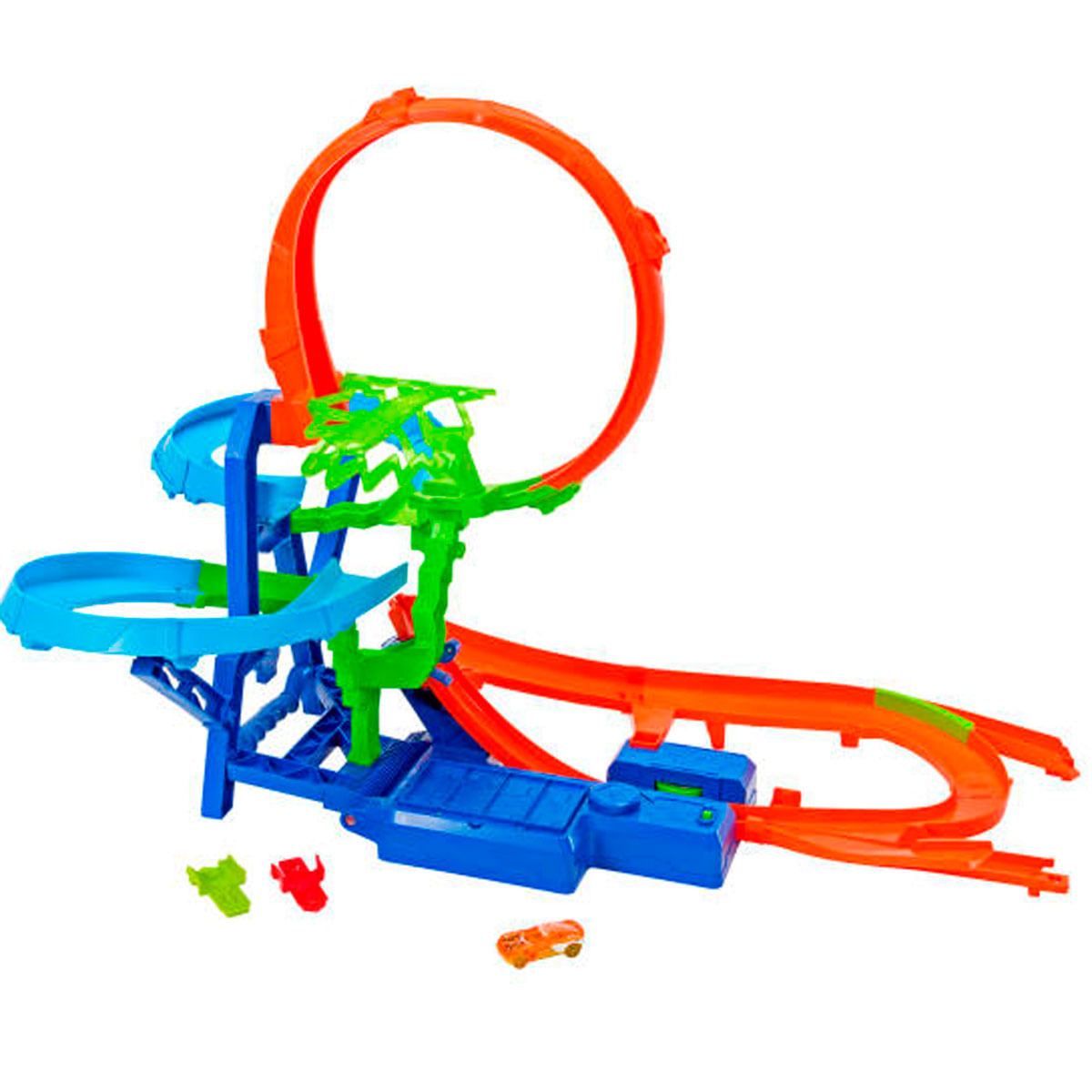 Kolorowy zestaw torów Hot Wheels. Posiada pętlę, rampy i mechanizm startowy. Widoczne są liczne zabawki samochodowe i elementy toru.