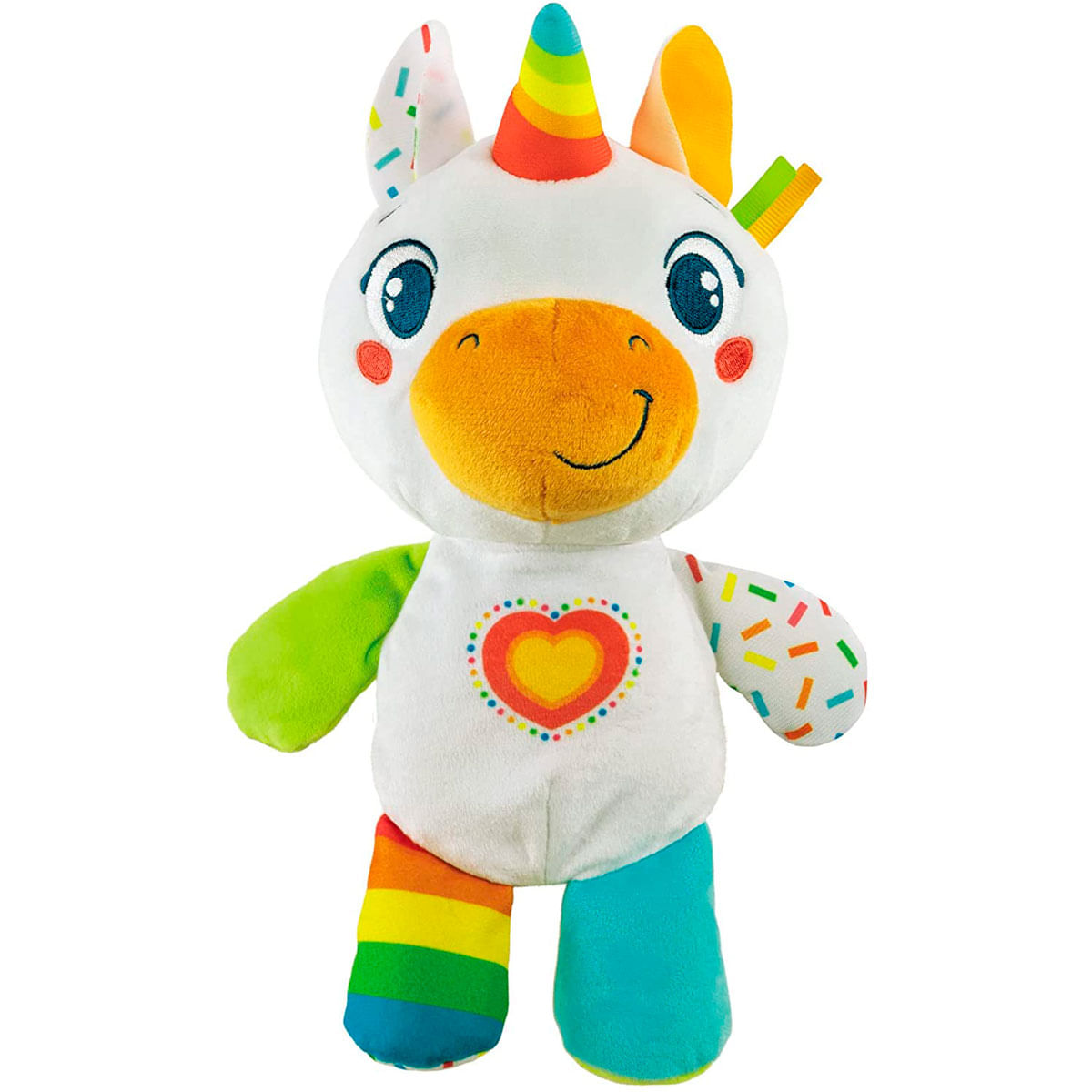 Un unicorno di peluche con corno arcobaleno, gambe e zuccherini. Ha un cuore sul petto, un viso sorridente e dettagli colorati sulle orecchie.