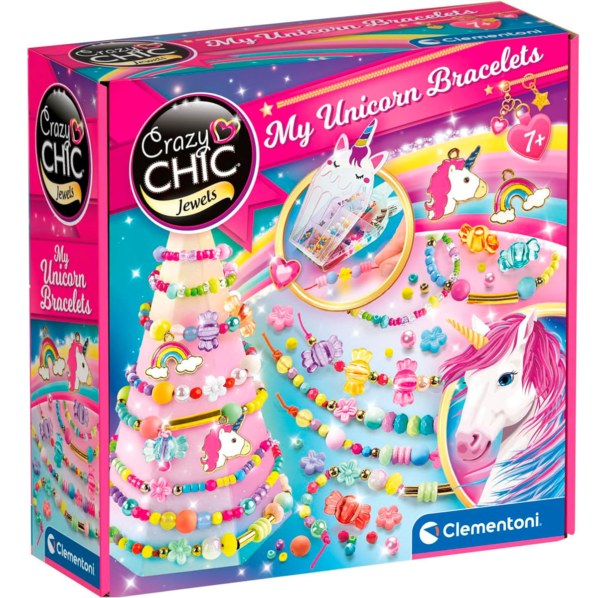 Pudełko 'Crazy Chic Jewels' z zestawem do robienia bransoletek z jednorożcem. Zawiera jednorożca, bransoletki i kolorowe koraliki.