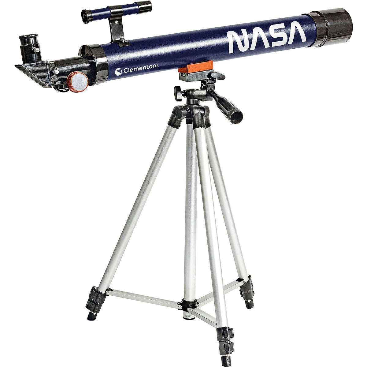 Ein blaues NASA-Teleskop auf einem Stativ. Das Teleskop hat ein schwarzes Okular und einen roten Einstellknopf. Das Stativ ist silber.
