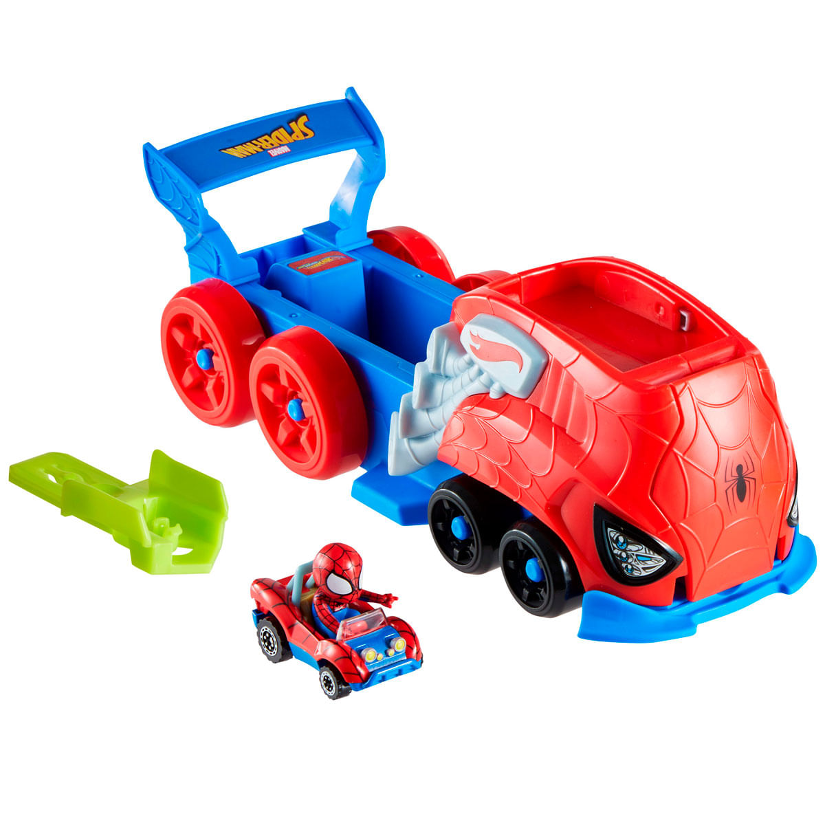 Un juego de juguetes de Spider-Man. Incluye un camión grande rojo y azul, un coche pequeño de Spider-Man y un accesorio verde.