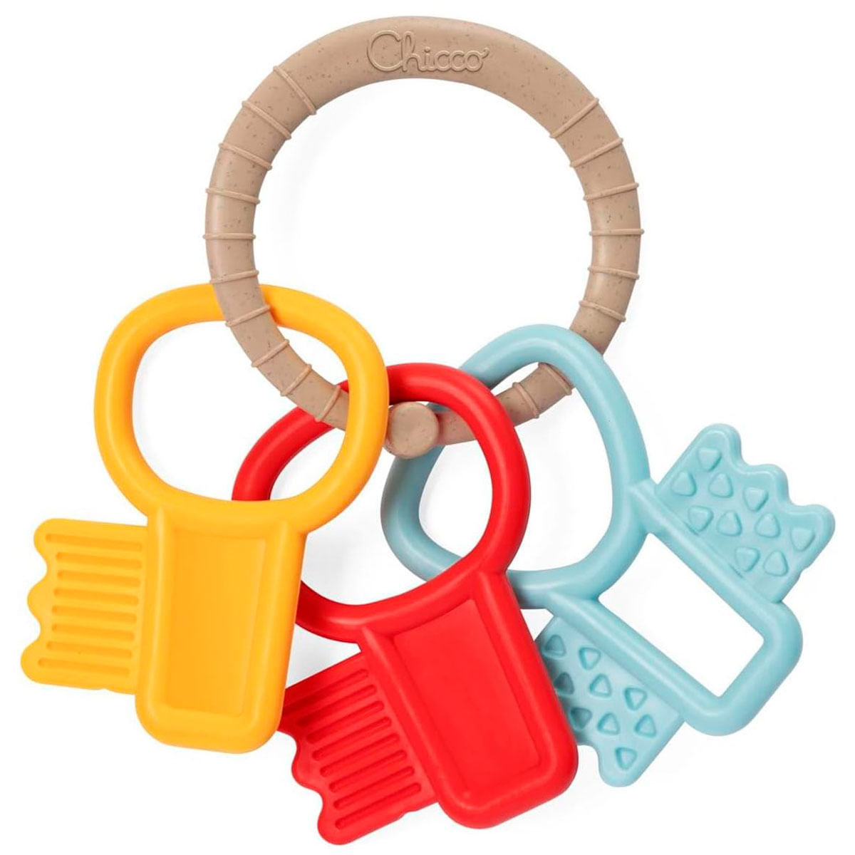 Ein Beißring für Babys in Form von Schlüsseln. Er hat einen beigen Ring und vier farbige Schlüssel: gelb, rot und blau.