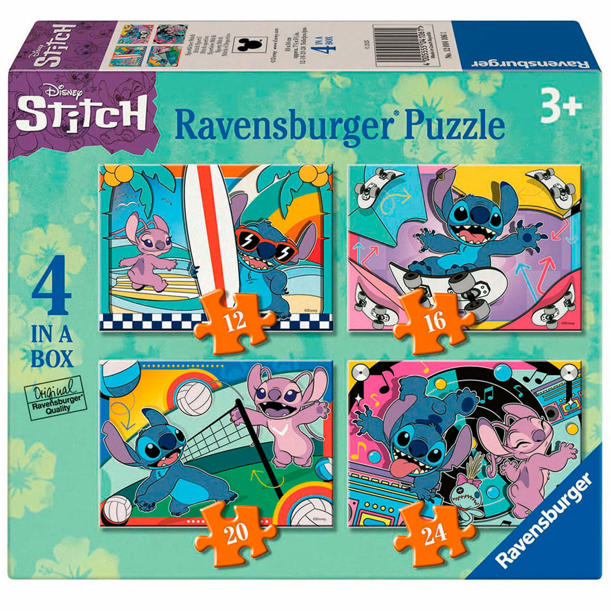 Een Stitch puzzeldoos met 4 afbeeldingen van Stitch. Elke afbeelding is een puzzelstukje en de nummers 12, 16, 20 en 24 staan op de stukjes.