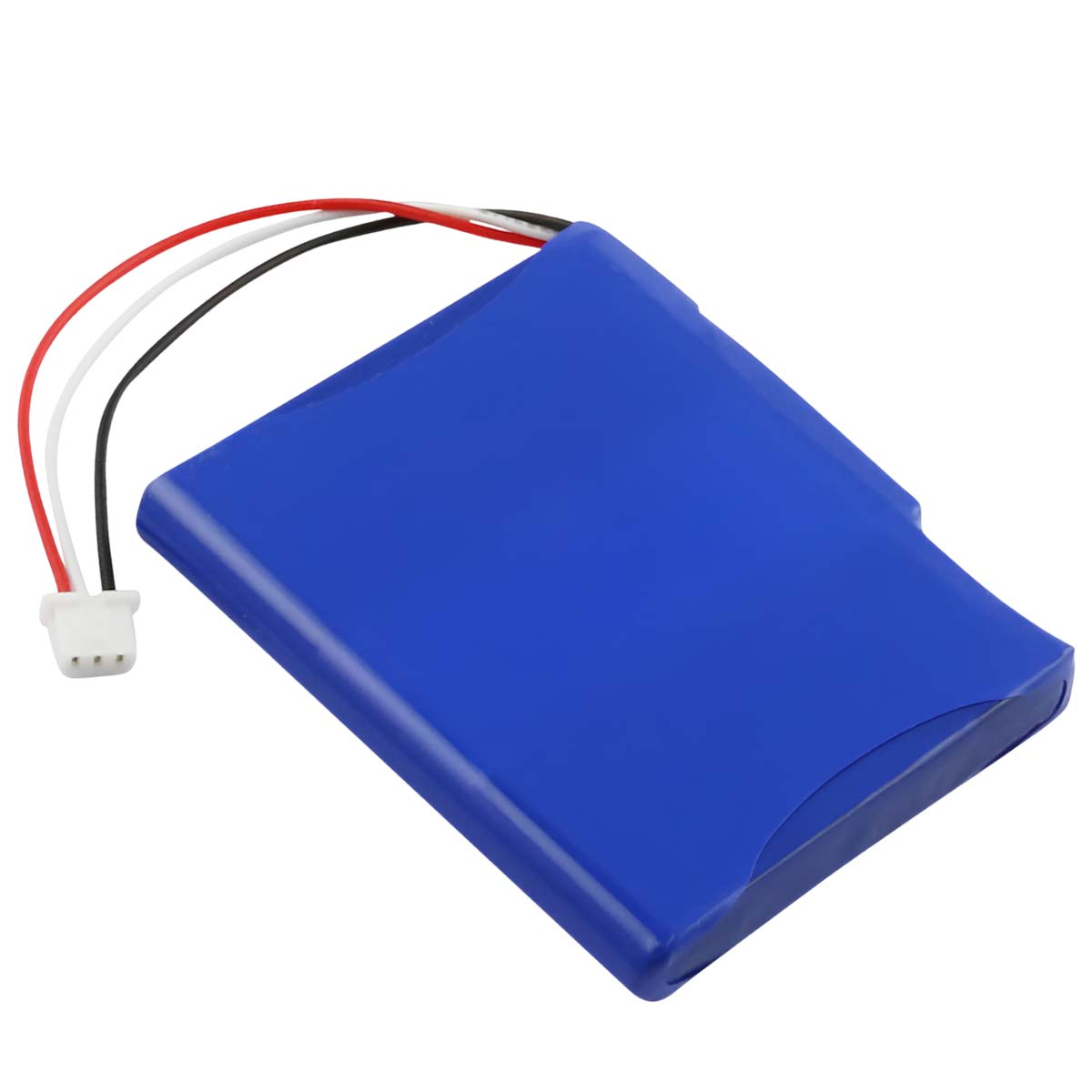 Una batteria rettangolare blu con fili rossi, bianchi e neri collegati a un connettore bianco.