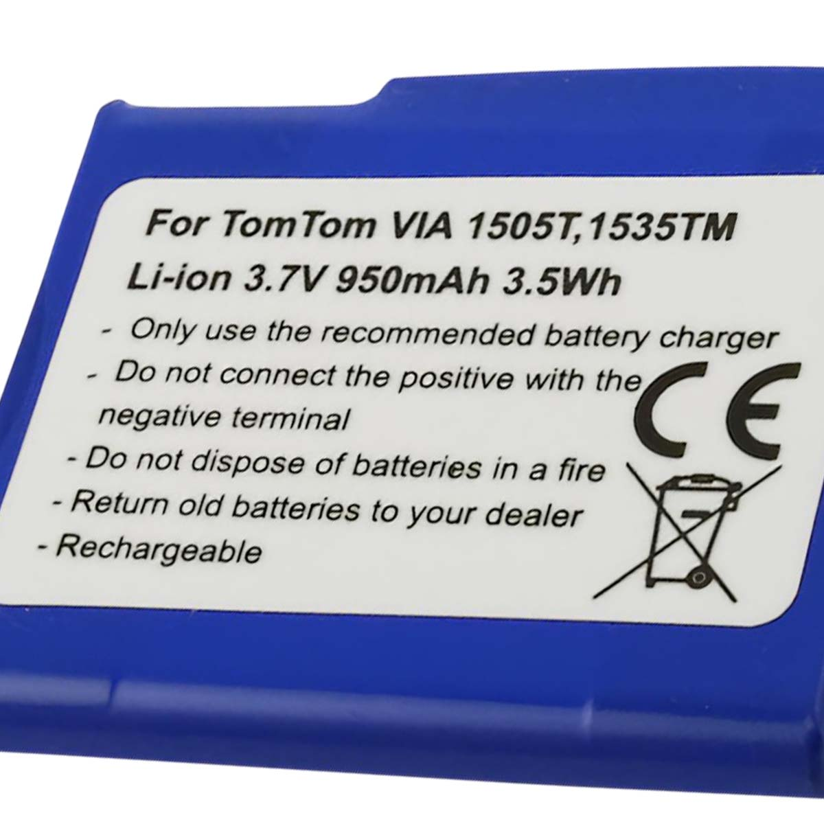 Un'etichetta blu e bianca con testo tra cui 'TomTom', 'Li-ion' e istruzioni di sicurezza. Visibile un marchio 'CE'.