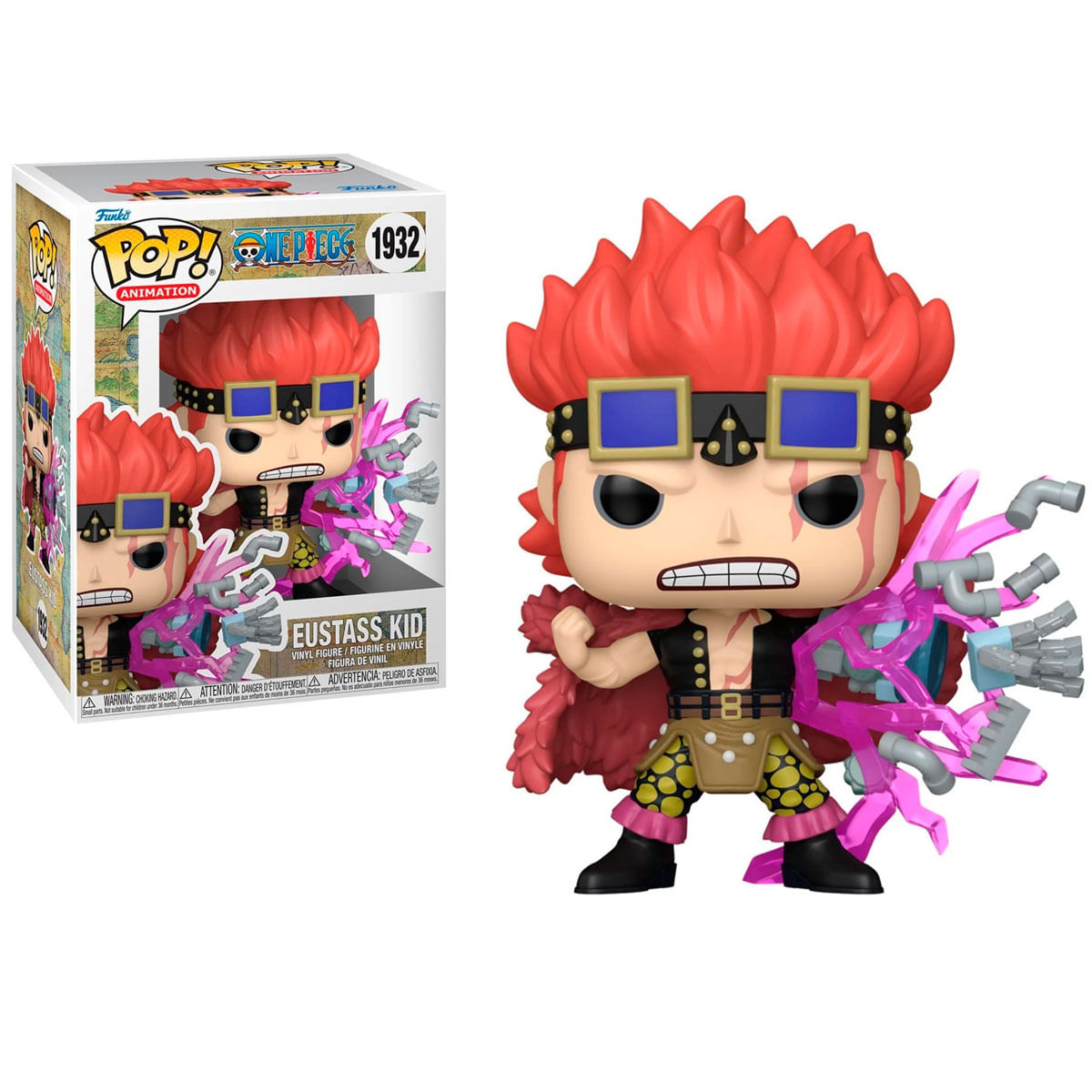 Figurka Funko Pop Eustass Kid. Ma rude włosy, niebieskie gogle i różową broń. Pudełko jest widoczne w tle.