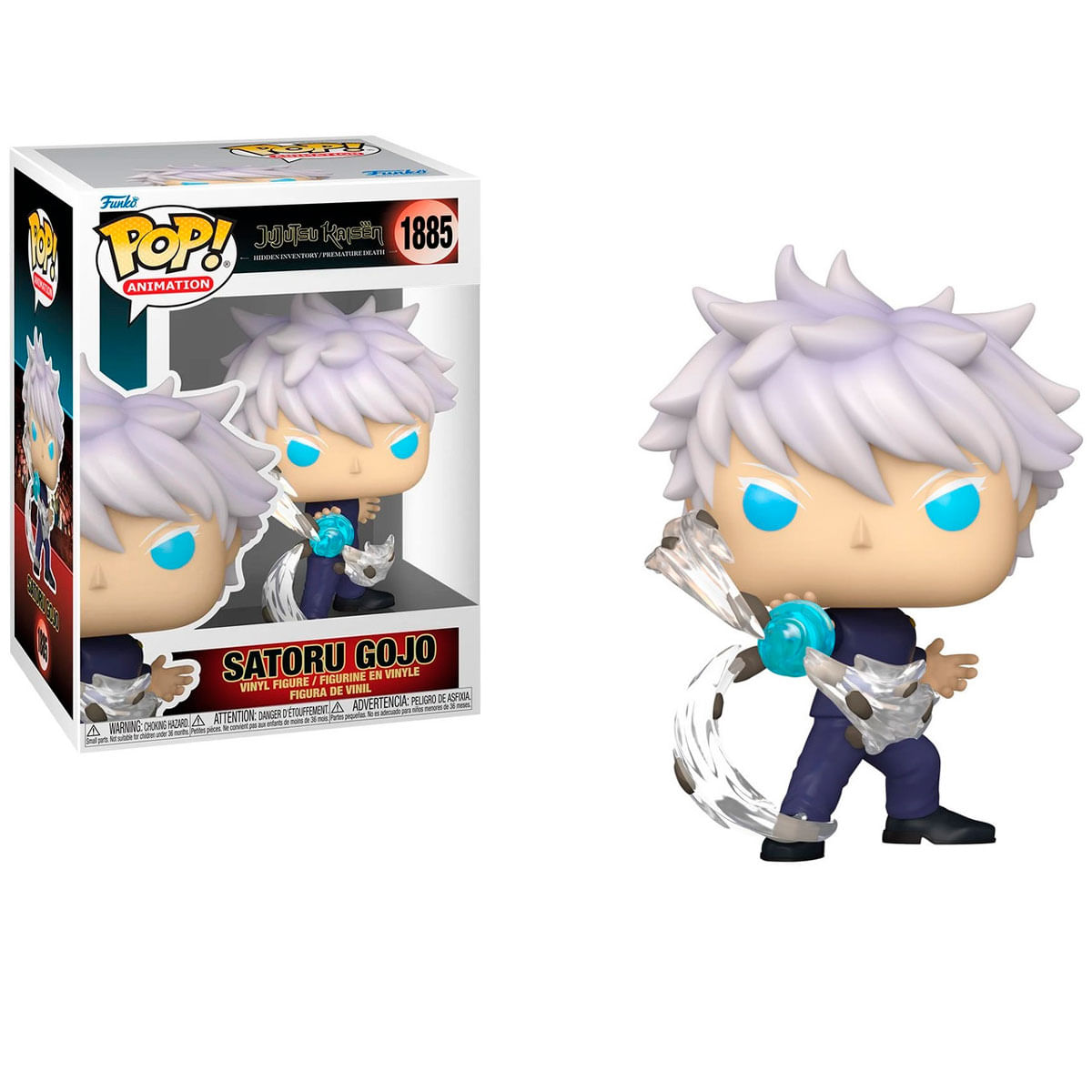 Figurka Funko Pop Satoru Gojo z Jujutsu Kaisen. Ma białe włosy, niebieskie oczy i trzyma niebieską kulę energii.