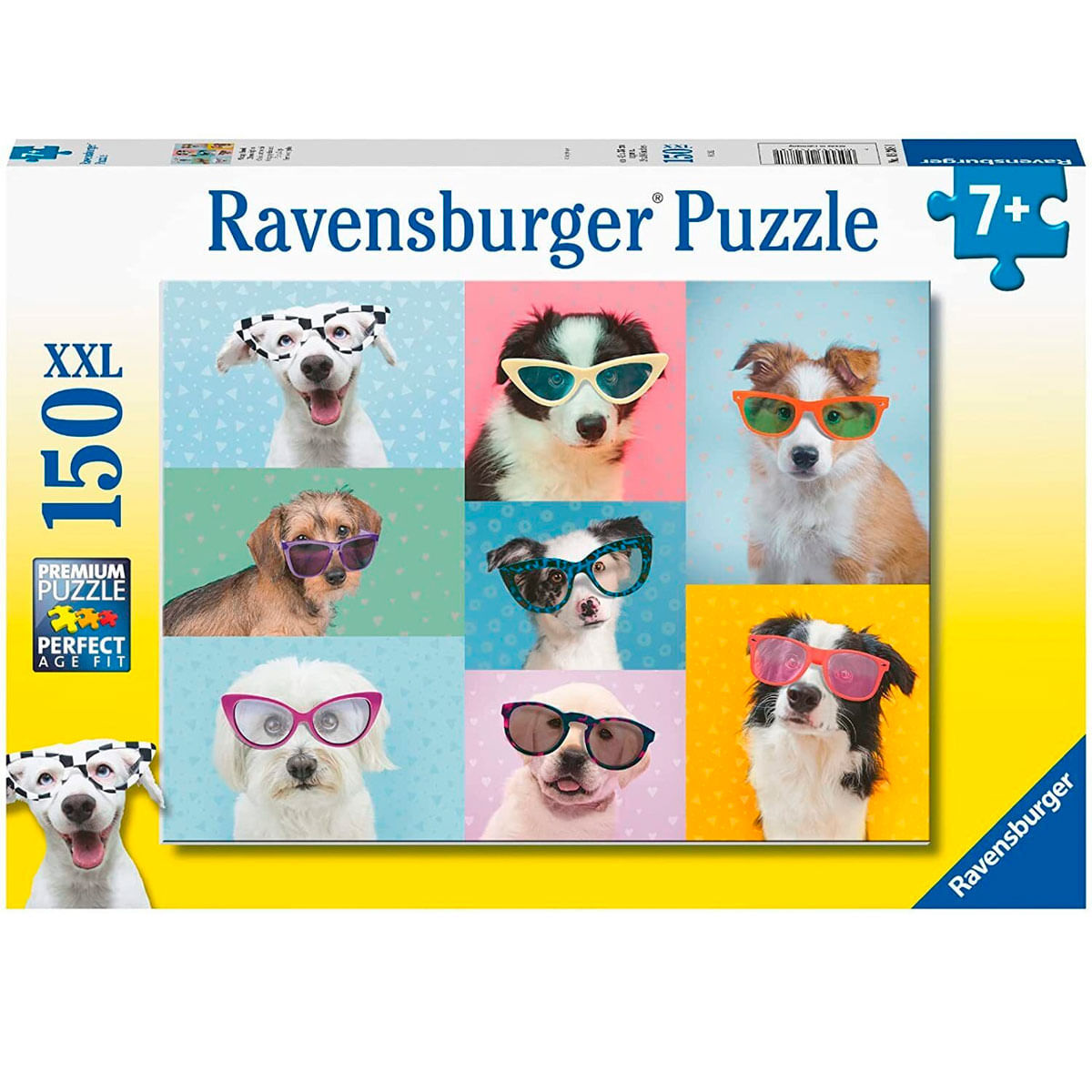 Pudełko z puzzlami. Przedstawia psy w okularach przeciwsłonecznych. Pudełko ma logo Ravensburger i szczegóły układanki. Kolorowe tło.