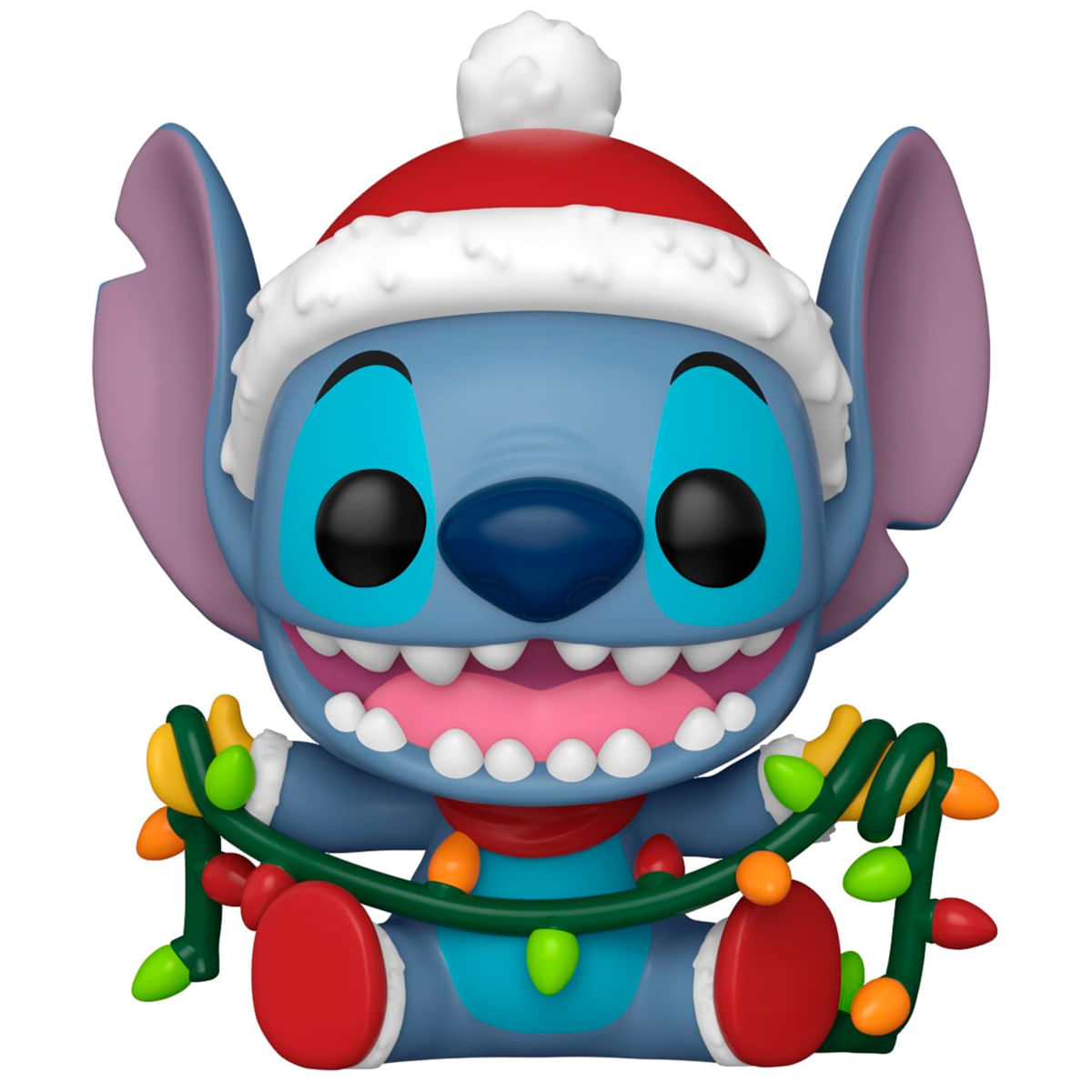 Figurka Stitcha w czapce Świętego Mikołaja i trzymająca lampki choinkowe. Niebieskie ciało, duże oczy i szeroki uśmiech.