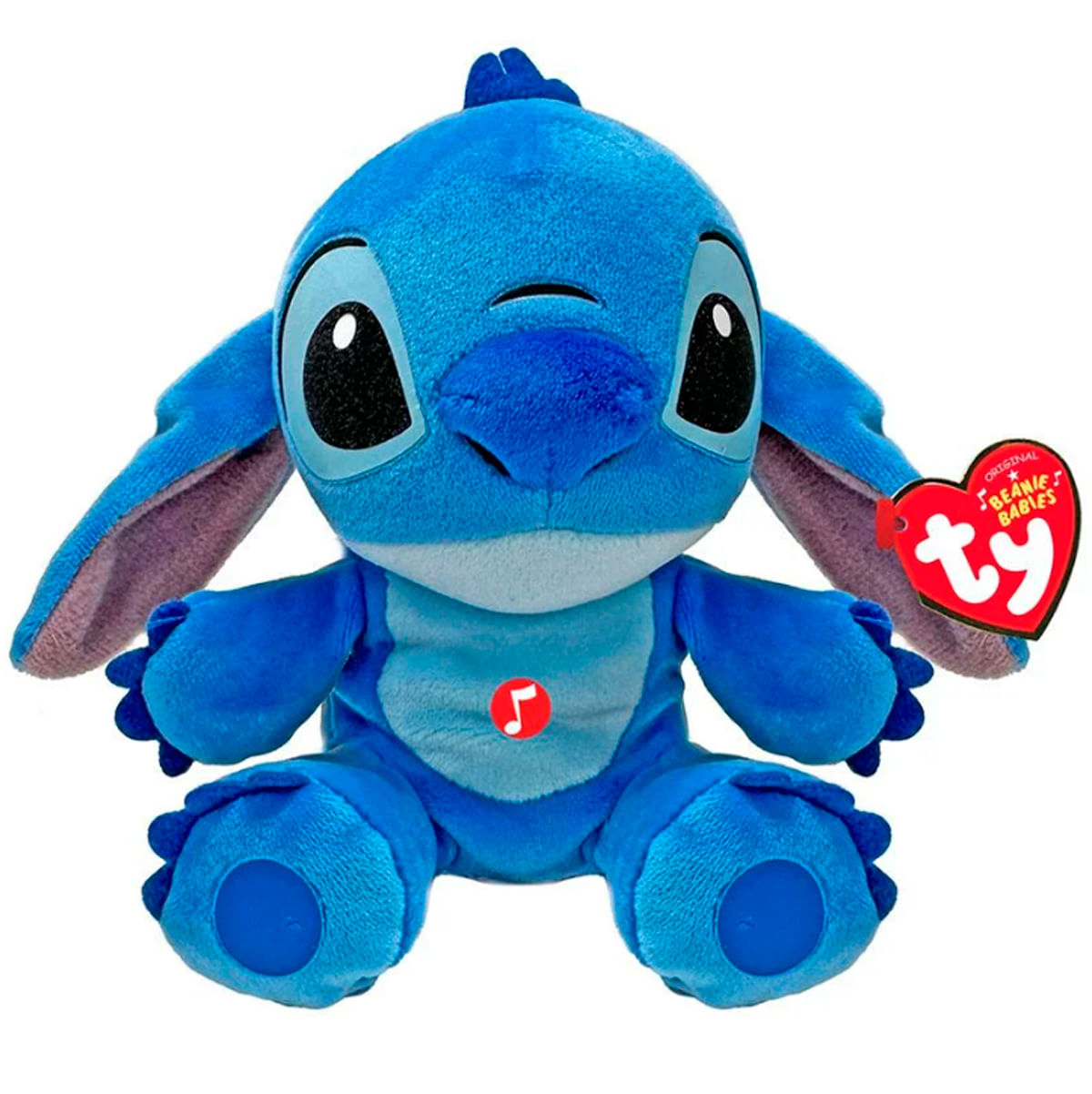 Ein blaues Stitch-Plüschtier sitzt. Es hat große Ohren, große Augen und ein herzförmiges rotes Etikett. Das Spielzeug befindet sich auf weißem Hintergrund.