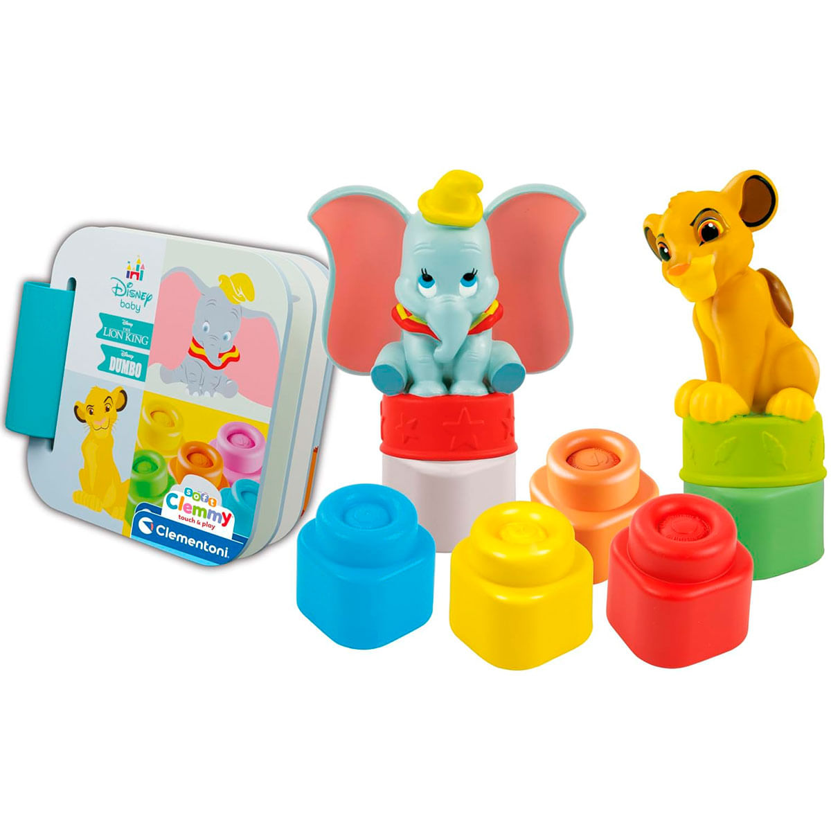 Zestaw zabawek z figurkami Dumbo i Simby, kolorowymi klockami i książką z marką Disney Baby.