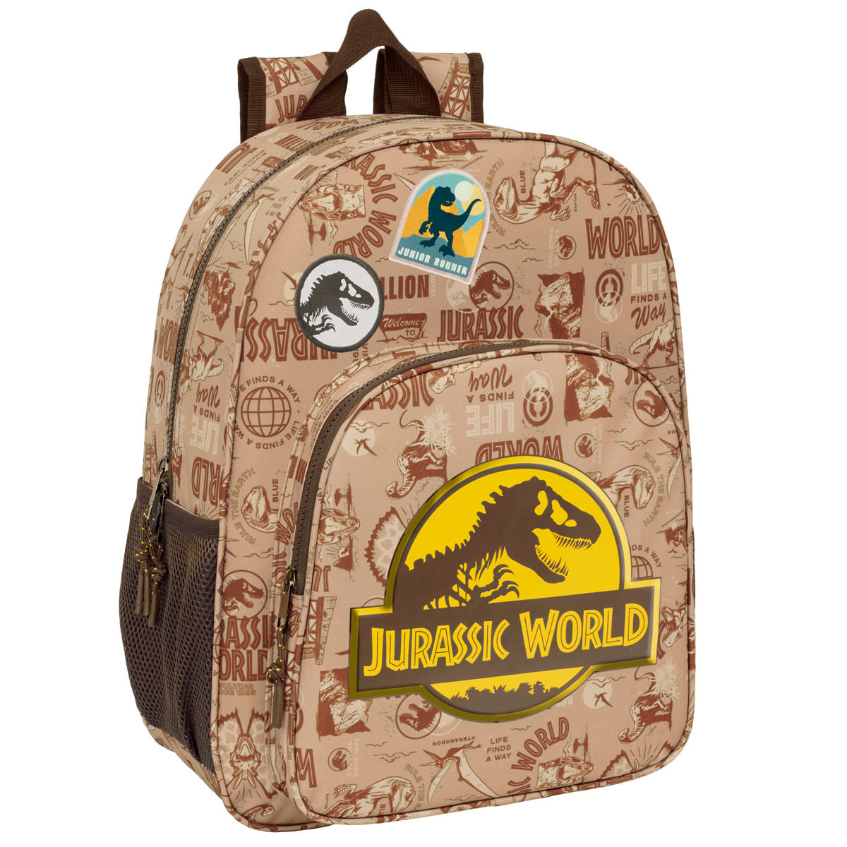 Ein Jurassic World Rucksack mit braunen und beigen Mustern, Dinosaurier-Logos und den Worten 'Jurassic World'.