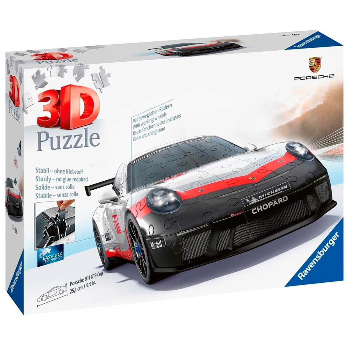 Una scatola di puzzle 3D presenta una Porsche 911 GT3 Cup. La scatola include informazioni su ruote, costruzione robusta e tecnologia Easy Click.