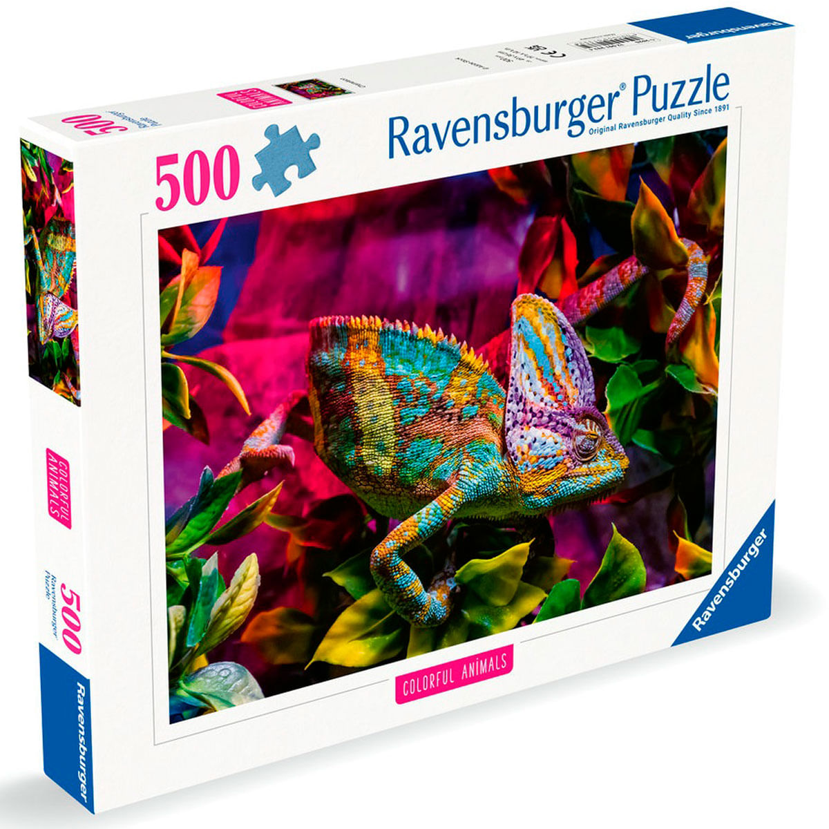 Kolorowy kameleon na pudełku z puzzlami. Na pudełku jest napis 'Puzzle', a obraz przedstawia kameleona.