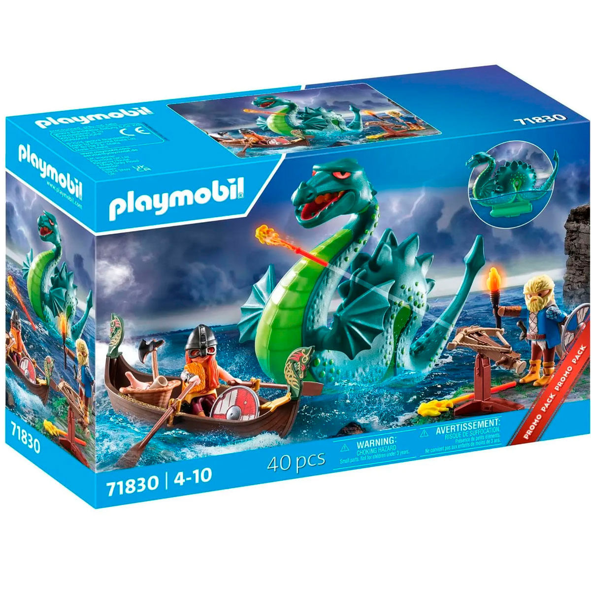 Pudełko Playmobil: łódź wikingów, smok i figurki. Smok zionie ogniem. Burzliwe tło morskie.