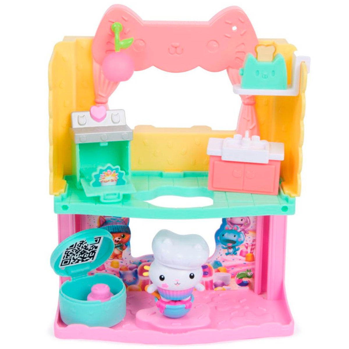 Ein Katzenspielset mit einer Kochfigur. Es verfügt über mehrere Ebenen, eine Küche und verschiedene farbenfrohe Accessoires.