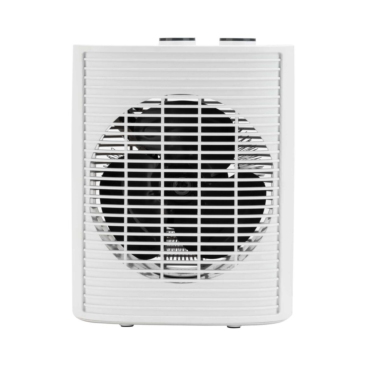 Ein weißer Elektroheizer mit Ventilator, von vorne gesehen. Er hat eine Gitterfront mit einem schwarzen Ventilator in der Mitte.