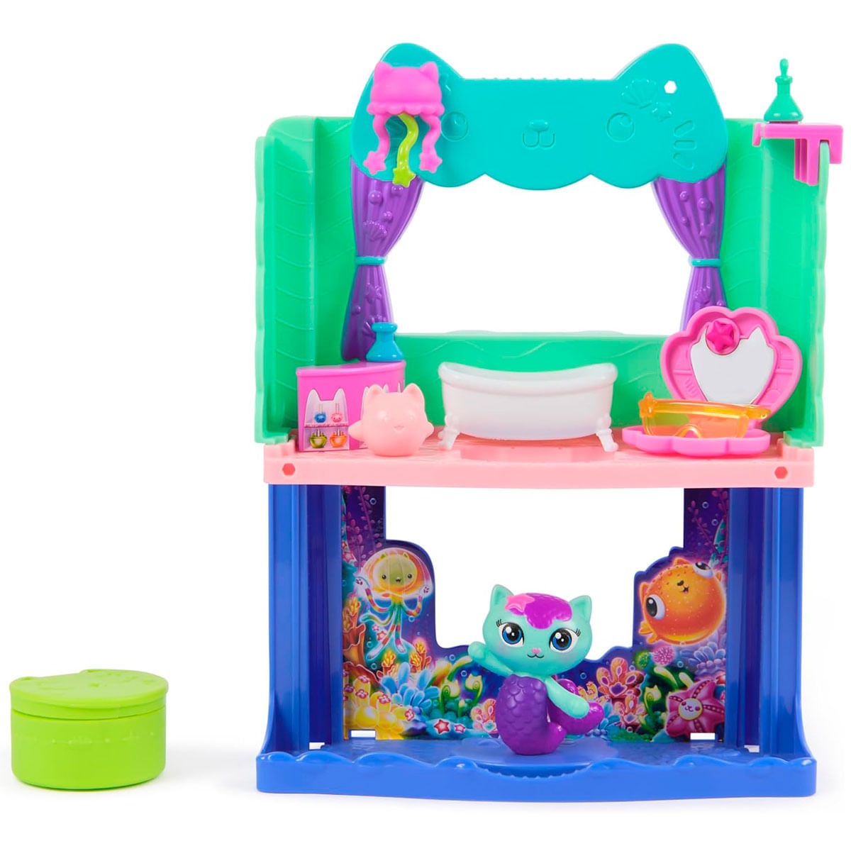 Un colorato set di gioco a tema gatto. Presenta più livelli con accessori come una vasca da bagno, uno specchio e un piccolo contenitore verde.
