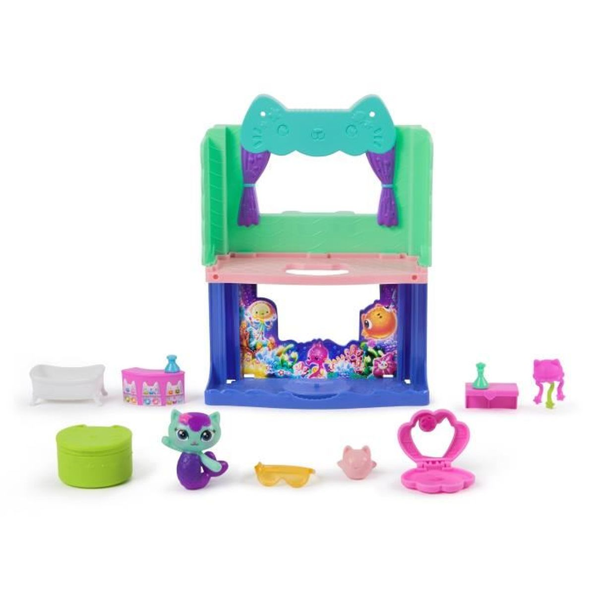 Un playset colorato con un palco, decorazioni a forma di gatto e vari accessori, tra cui una figura di gatto e una toeletta.