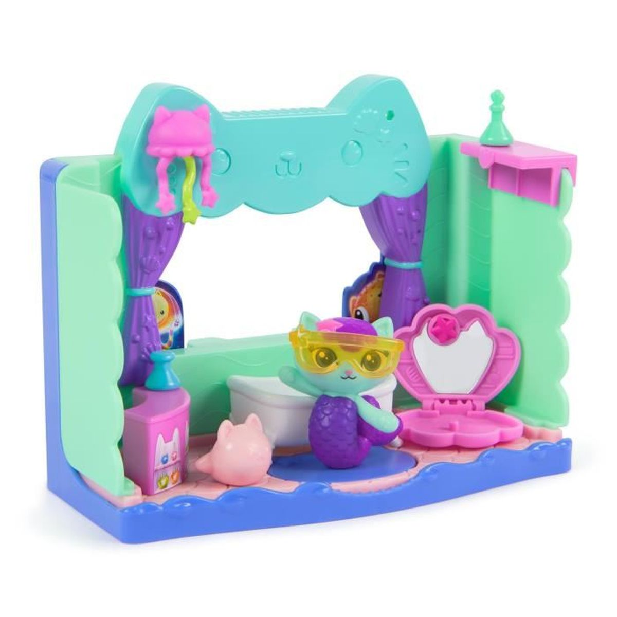 Un colorato set di giochi, con una struttura a tema gatto con una figura di sirena-gatto con occhiali e uno specchio da toeletta.