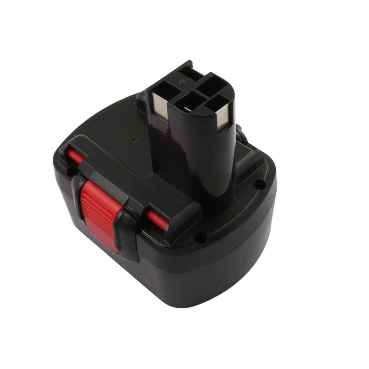 Batteria nera e rossa per utensili elettrici. Ha un corpo nero con un pulsante rosso e contatti argentati.