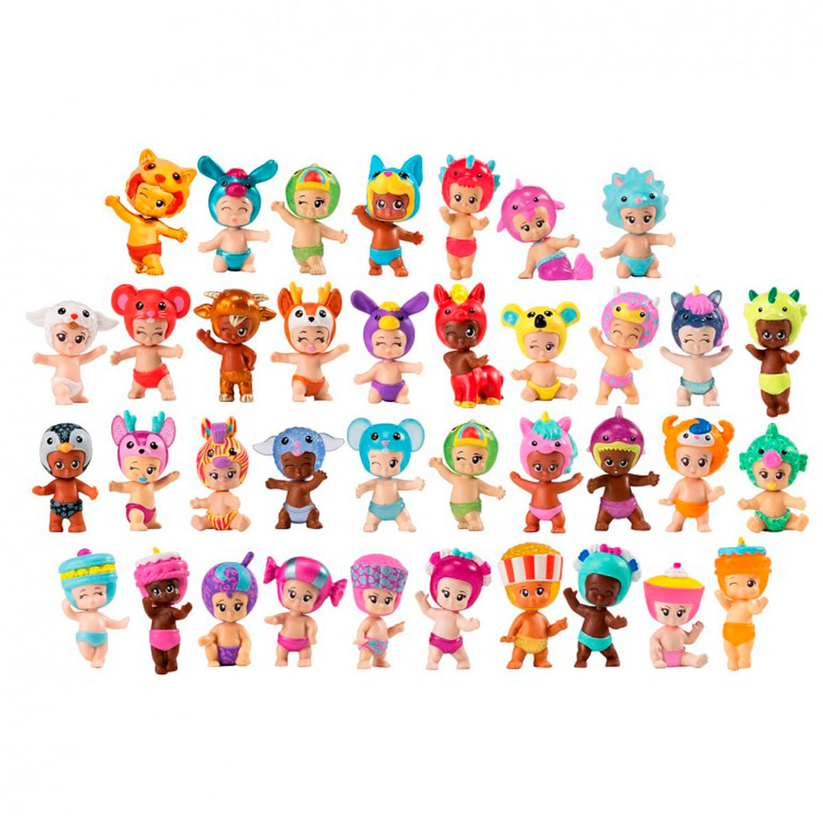 Una colección de muñecas vestidas con trajes de animales y fantasía, con diferentes colores y expresiones.