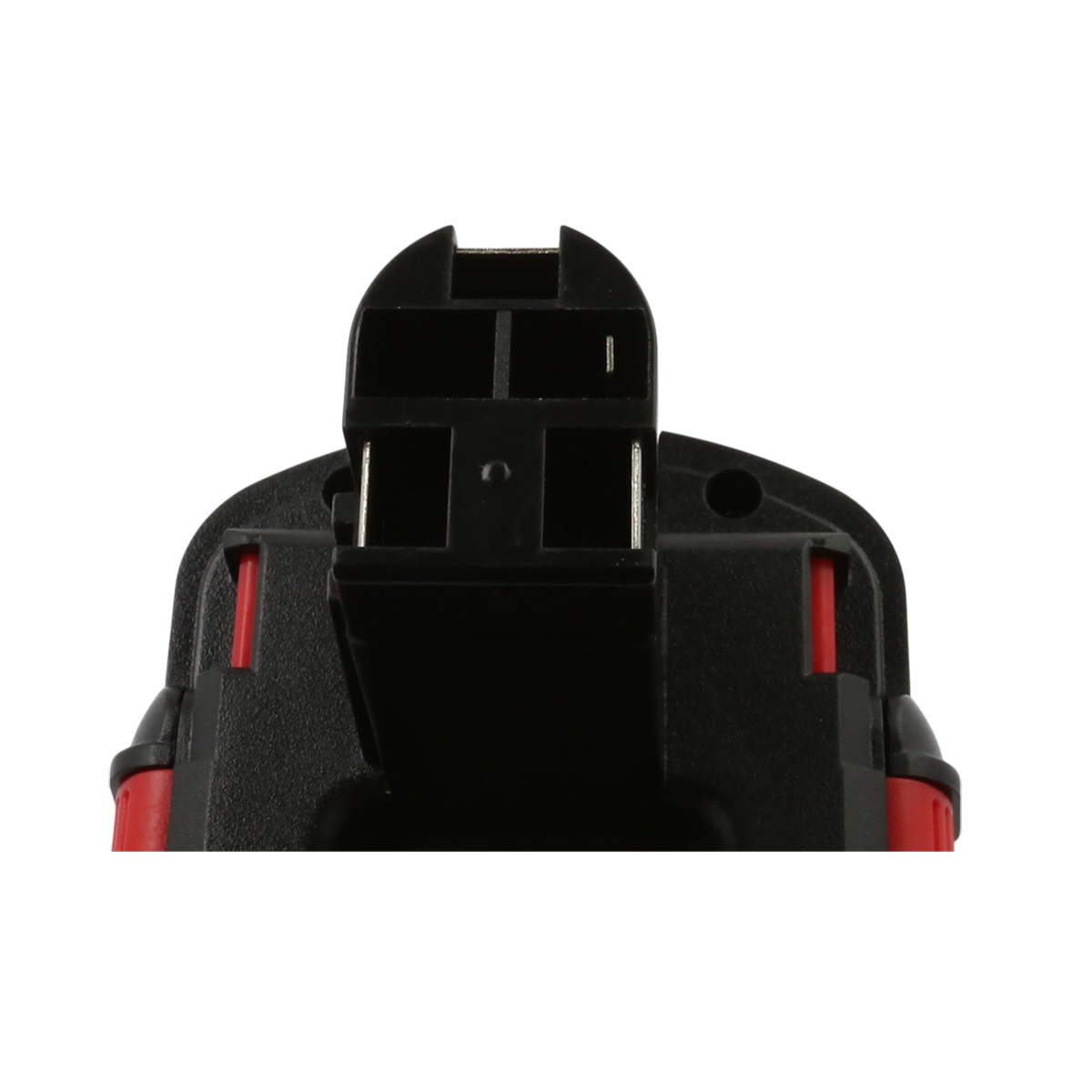 Primo piano di un componente elettrico nero e rosso dal design complesso. Lo sfondo è bianco.