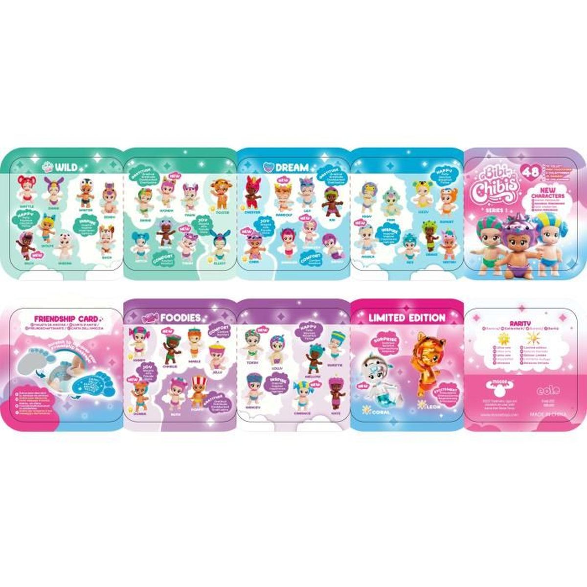 Múltiples tarjetas de Bibi Chibis con diferentes temas. Cada tarjeta muestra personajes de dibujos animados y etiquetas de texto como 'Wild', 'Dream' y 'Foodies'.