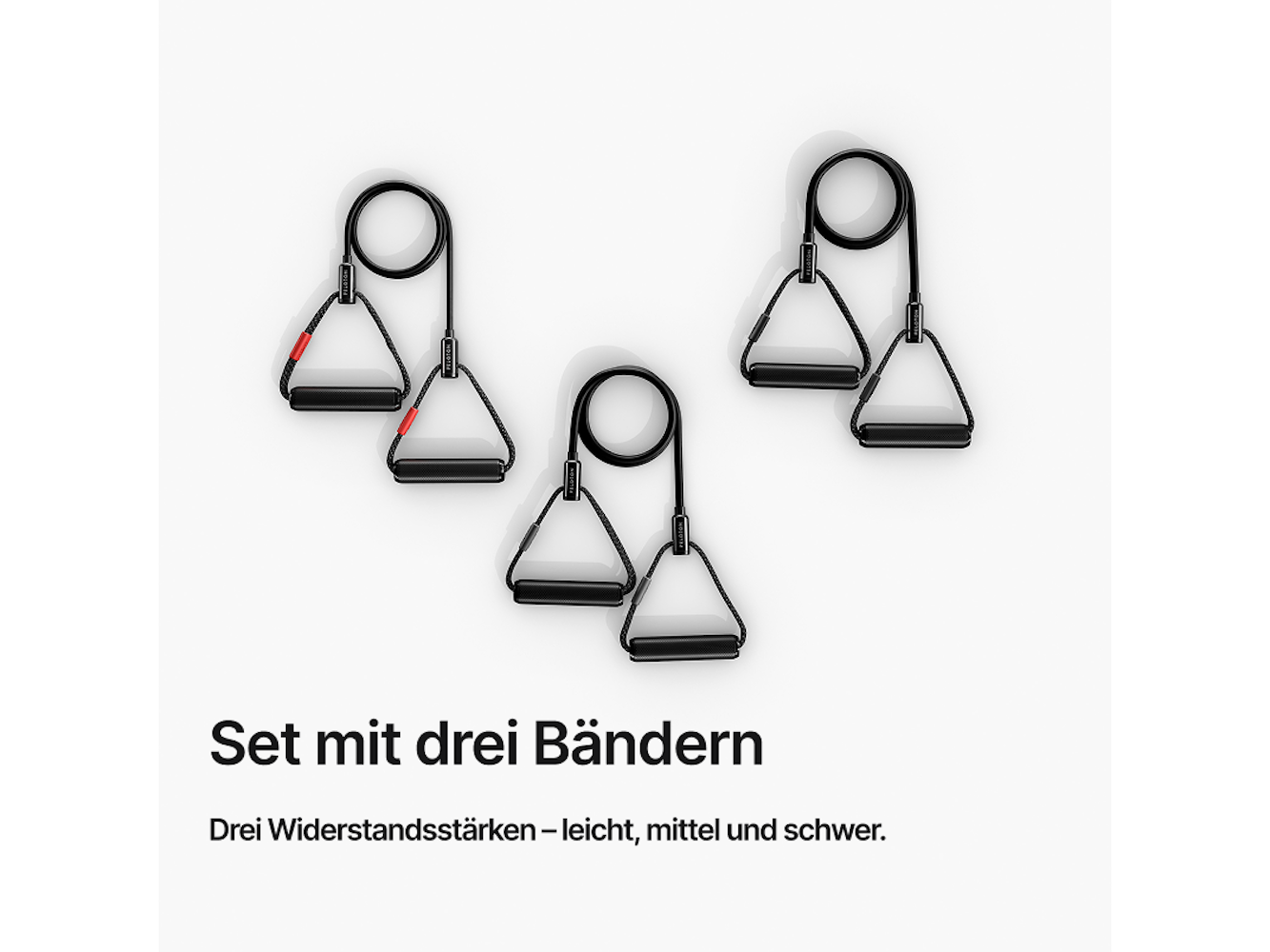 Drei schwarze Widerstandsbänder mit Griffen auf weißem Hintergrund. Text: 'Set mit drei Bändern' und 'Drei Widerstandsstärken'.