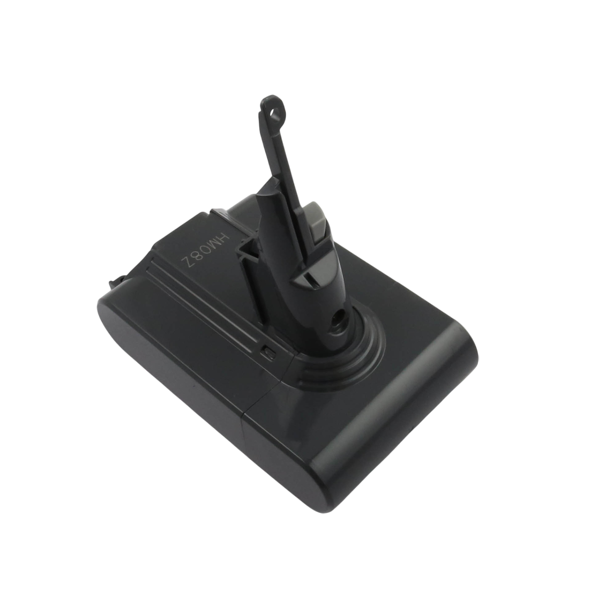 Un pacco batteria per aspirapolvere grigio scuro. Ha una maniglia nera e un pulsante grigio. Il testo "Z80WH" è visibile.