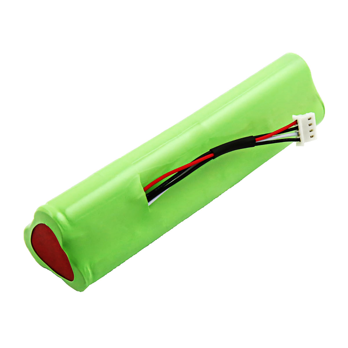 Batteria verde con estremità rossa. Fili neri, rossi e bianchi escono da un'estremità. Un connettore bianco si trova alla fine dei fili.