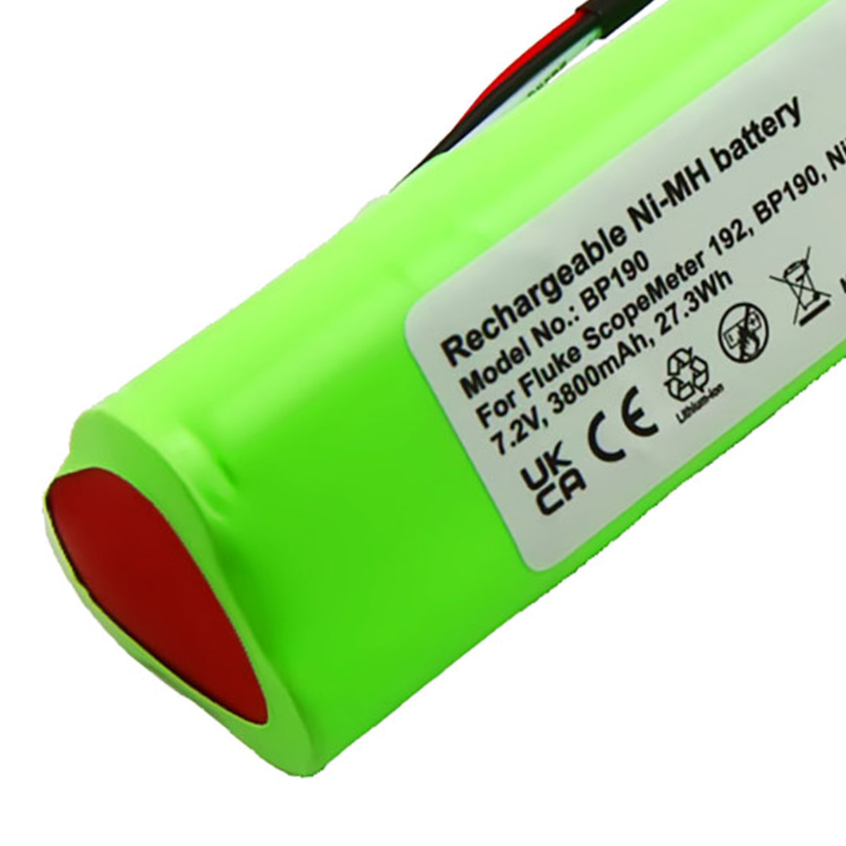 Una batteria ricaricabile Ni-MH verde con un tappo terminale rosso ed etichetta bianca con testo. I fili sono visibili in alto.