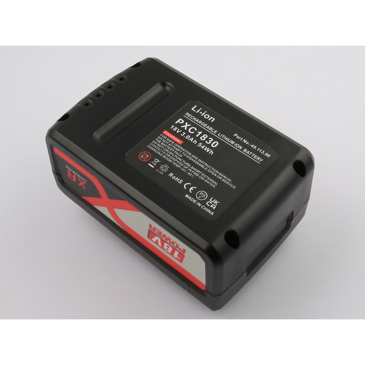 Batteria Li-ion nera con dettagli bianchi e rossi. Il testo include 'PXC1830', '18V 3.0Ah 54Wh' e avvertenze di sicurezza. Fatta in Cina.