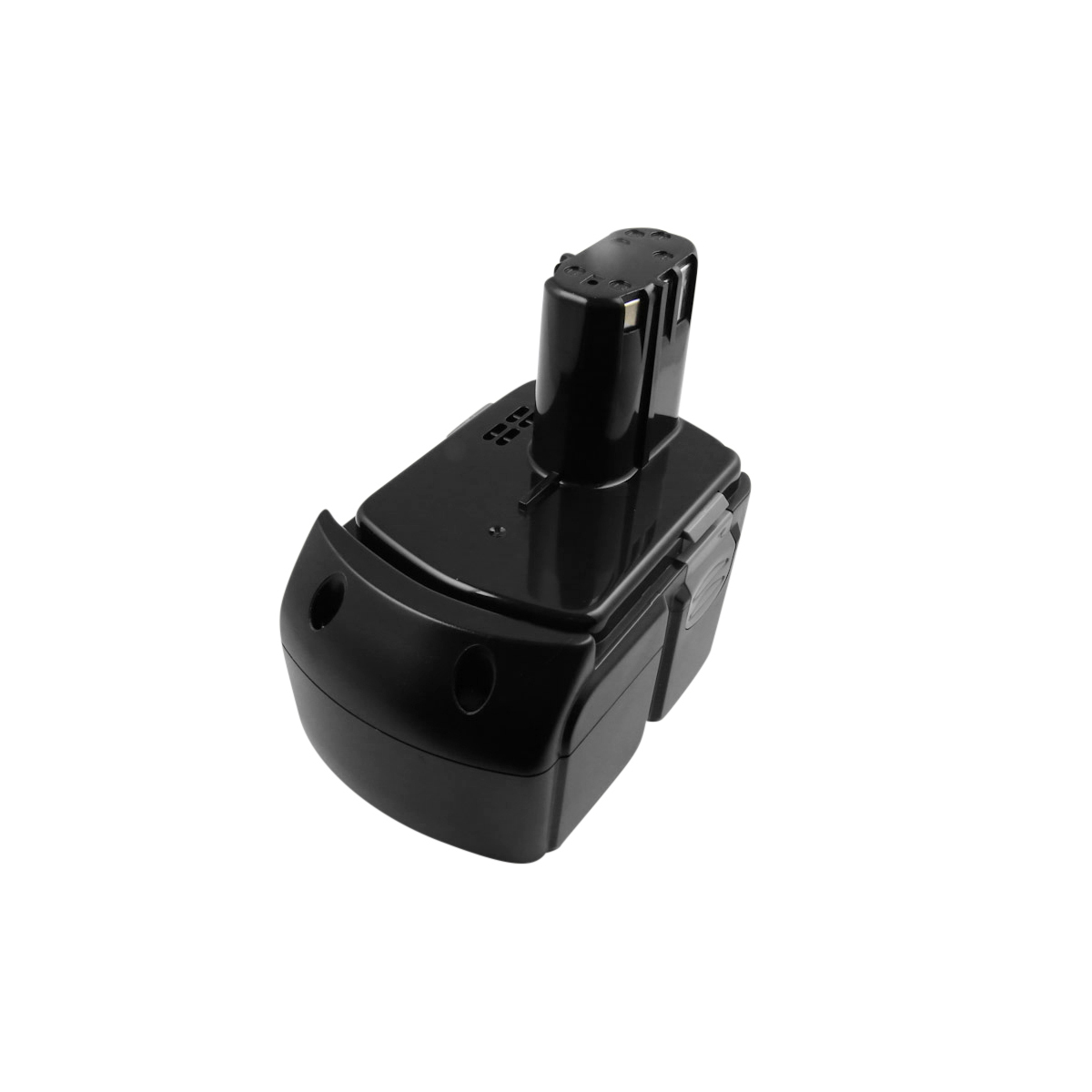 Una batteria nera per trapano avvitatore su sfondo bianco. Ha una parte superiore cilindrica e una base rettangolare con bordi arrotondati.