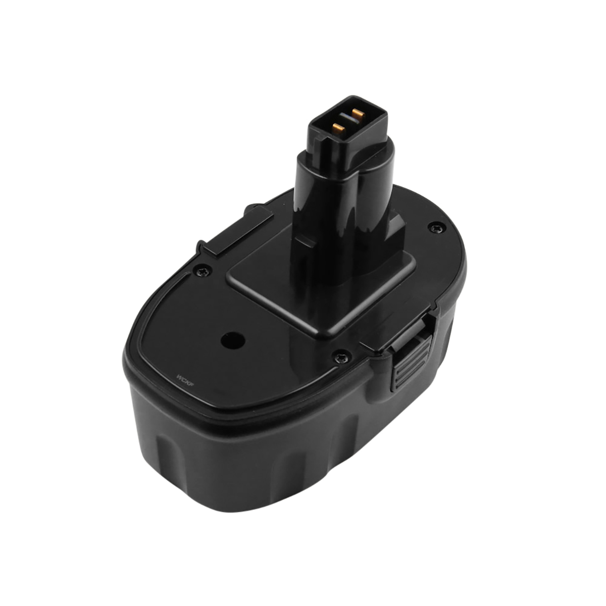 Batteria nera per utensili elettrici su sfondo bianco. Ha un connettore in alto e un fermo di rilascio laterale.