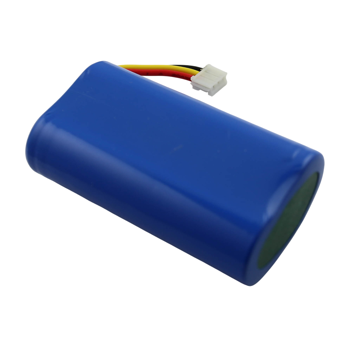 Un pacco batteria blu con connettore e fili. Il pacco è cilindrico con un'estremità verde. I fili sono rossi, gialli e neri.