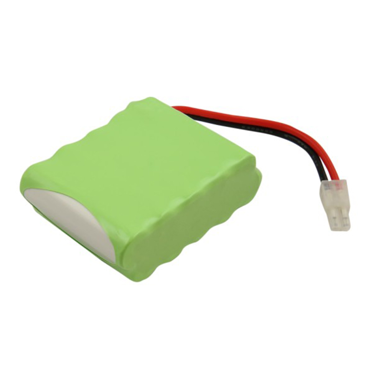 Una batteria rettangolare verde con cappucci bianchi e fili rosso/neri collegati a un connettore bianco.