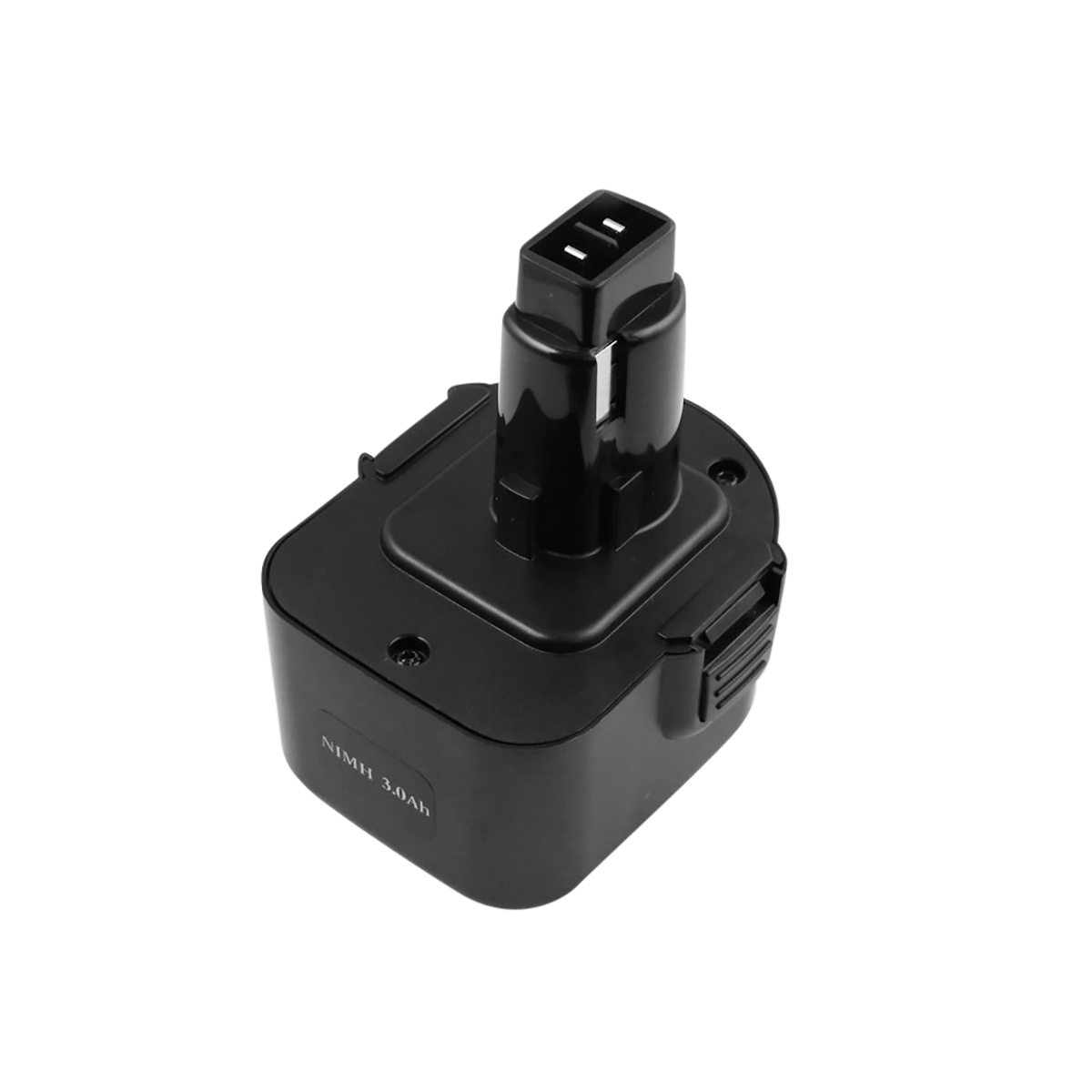 Un pacco batteria nero NiMH 3.0Ah. La parte superiore ha due pin. Il testo sul lato recita 'NiMH 3.0Ah'. Su sfondo bianco.