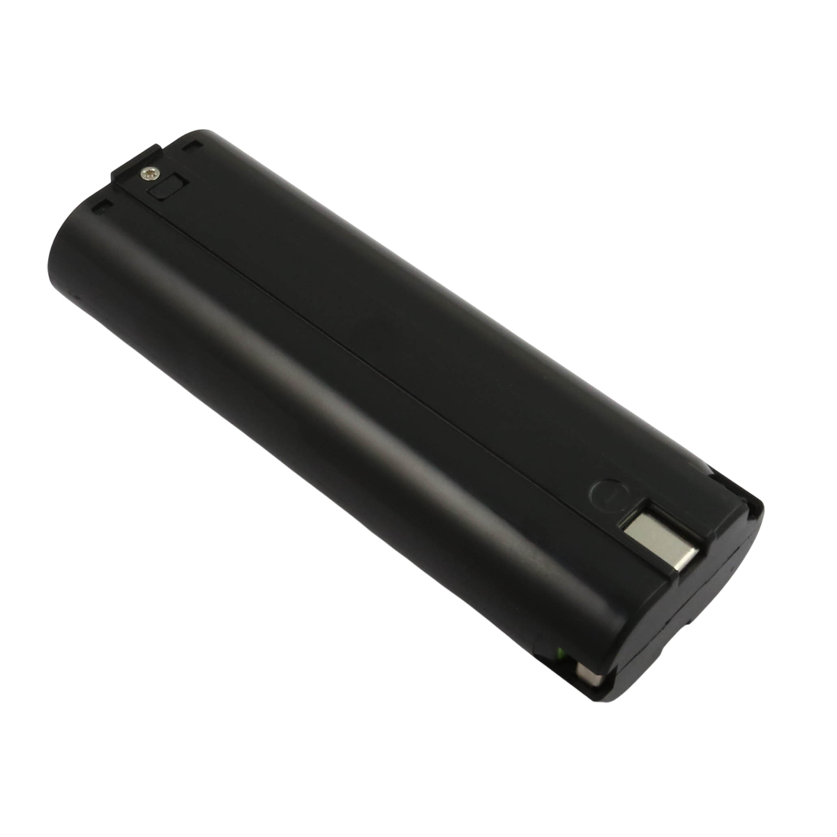 Un pacco batteria nero rettangolare su sfondo bianco. Ha un connettore metallico e una piccola vite in alto.