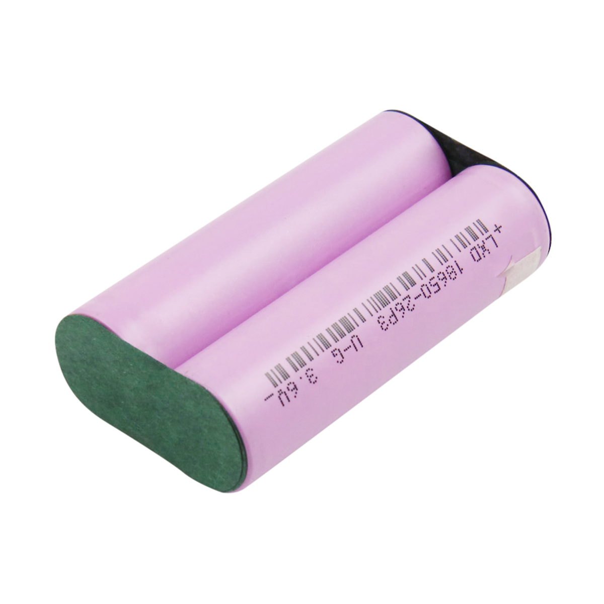 Due batterie cilindriche rosa collegate. Un'estremità è verde. Testo stampato sul lato della batteria.