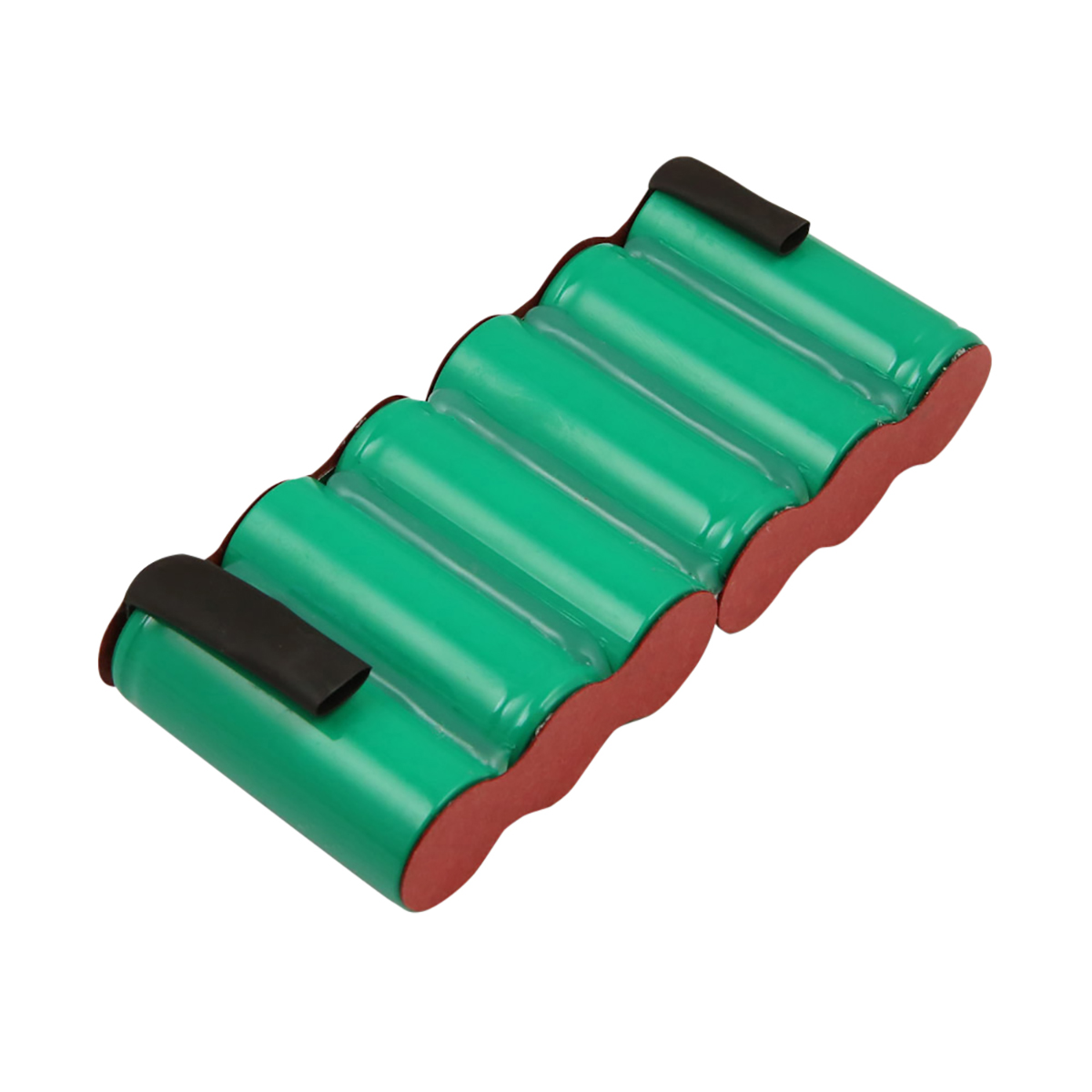 Un pacco batterie composto da celle cilindriche verdi disposte in fila, tenute insieme da una base rossa e tappi neri, su sfondo bianco.