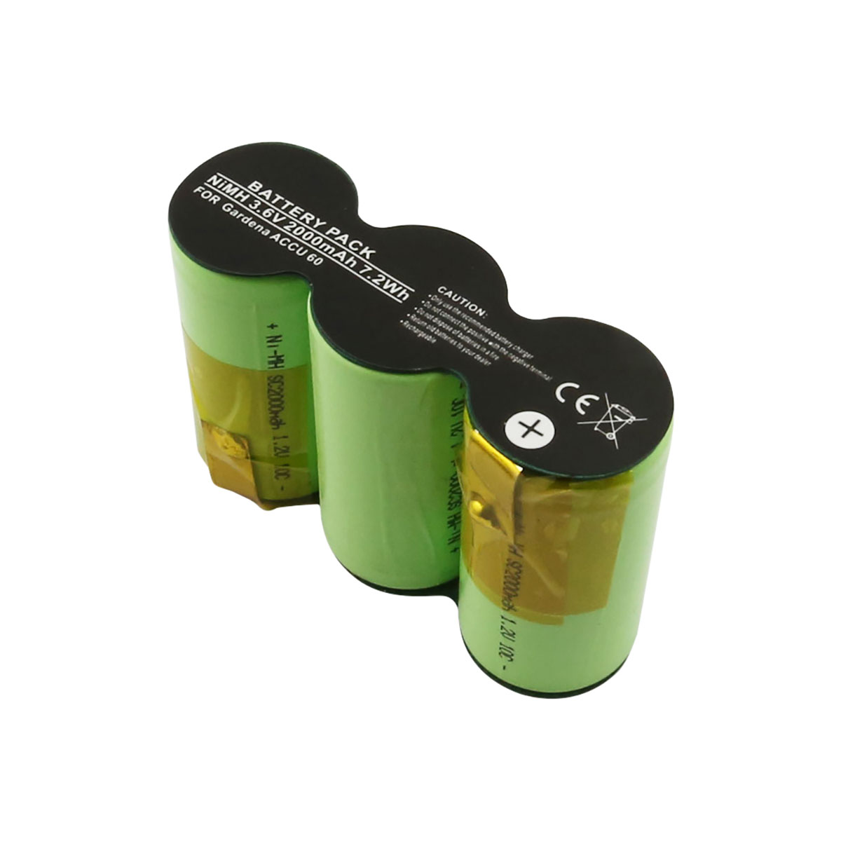 Tre batterie cilindriche verdi con etichette nere. Il testo sulle etichette include i dettagli del pacco batteria e una sezione di attenzione. Lo sfondo è bianco.