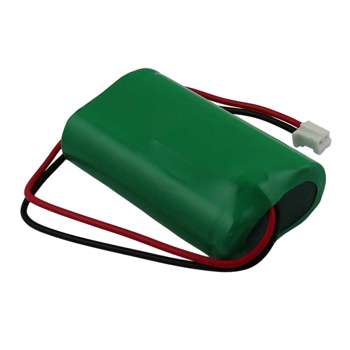 Una batería verde con cables rojos y negros y un conector blanco. La batería es cilíndrica.